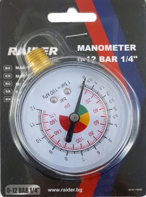 Манометър за въздух, радиален, сух, 0-12 bar, ф 63 мм, 1/4" Raider